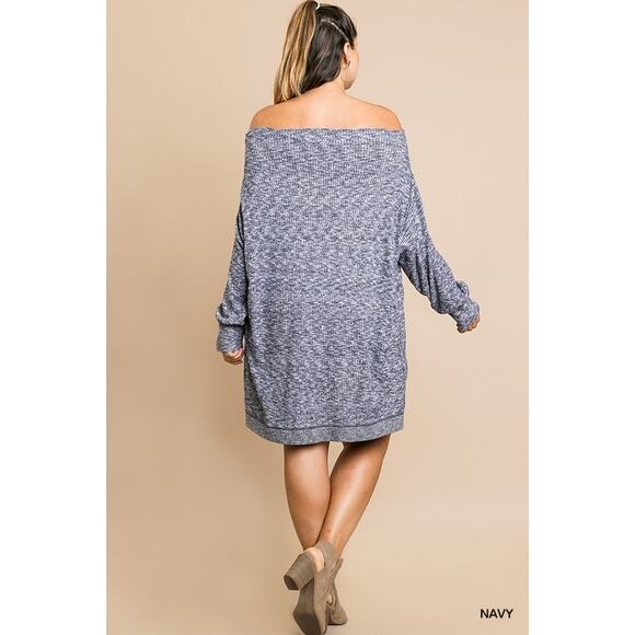 Umgee Off Shoulder Soft Knit Dress Long Sleeve Ribbed Heathered Navy Blue, XL - Picture 5 of 6
